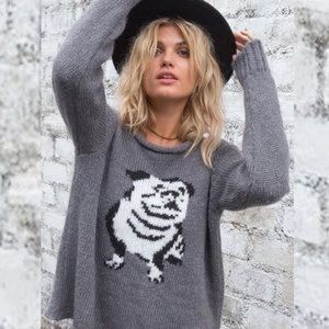 Wooden Ships Bulldog Pug Dog Intarsia Sweater Acrylic Mohair Wool Gray Rare M L